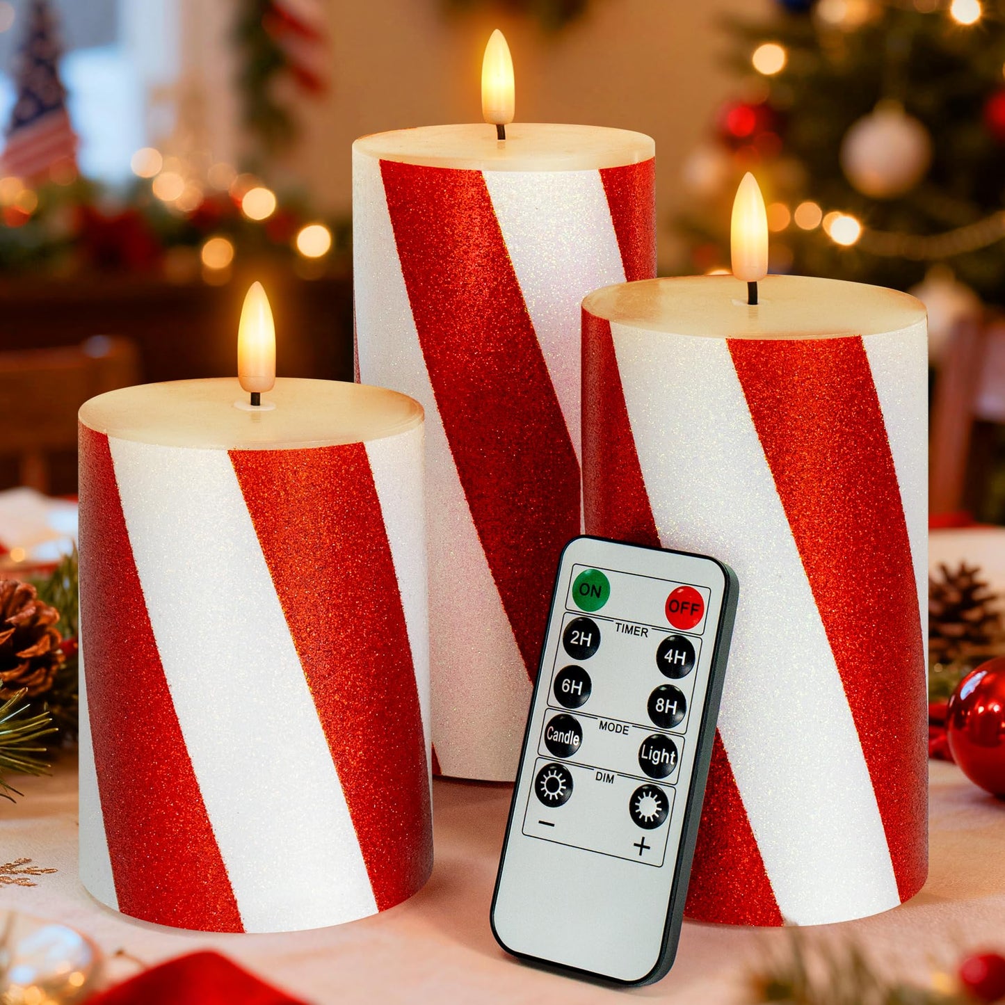 Lumeavetra Red Striped Glitter Flameless Candles, Battery Operated LED Pillar Lights with Remote Timer, Real Wax Decorative Candles for Holiday Home Party Decor, Set of 3 (D3 x H4 5" 6")