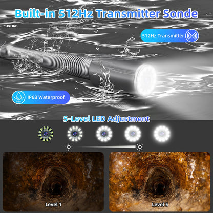 Sanyipace Sewer Camera 230FT/70M with 512Hz Transmitter, Self-Leveling, Drain Plumbing Pipe Inspection Camera with Mic Speaker, DVR Recorder, 16GB TF Card, 9mm Rigid Cable, Pipe Pulley Guide Wheel