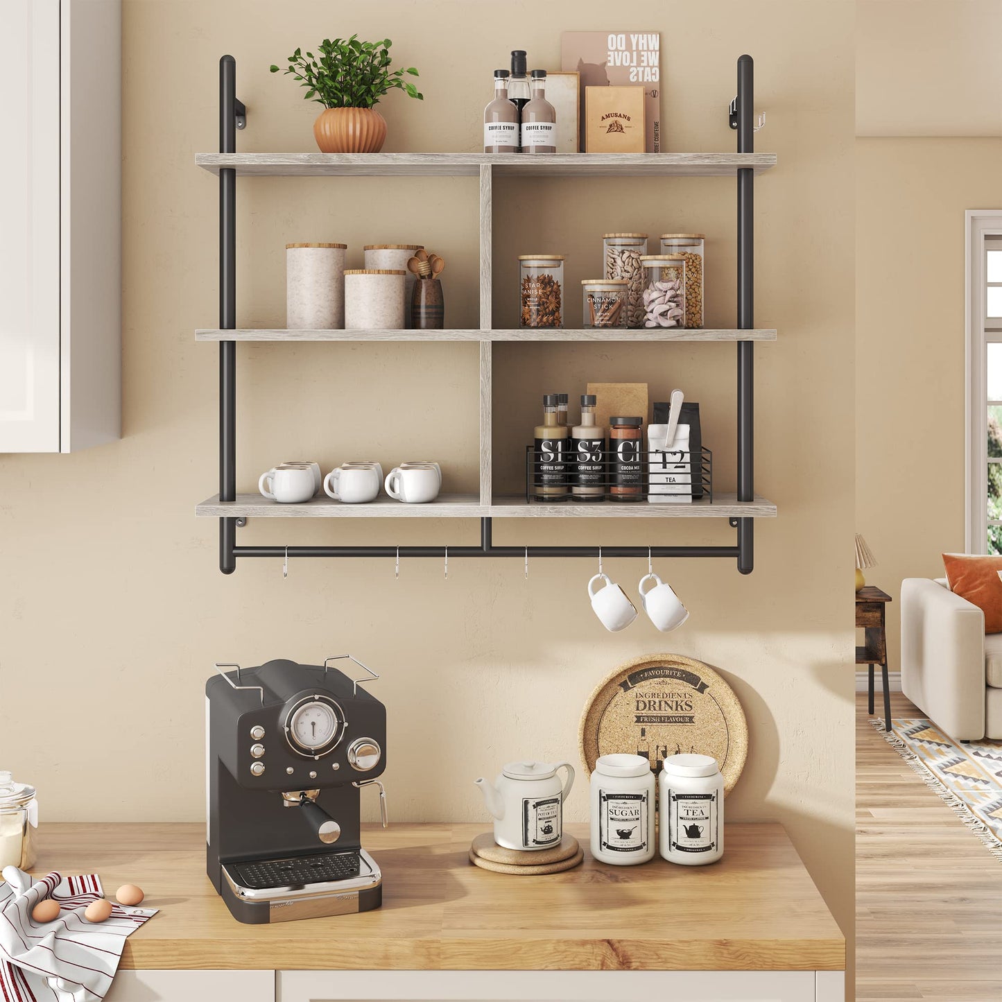 Bestier Floating Pipe Shelving Kitchen Shelves Wall Mounted 3 Tier Ladder Coffee Bar Shelf 3 Tier Bundle, Retro Grey