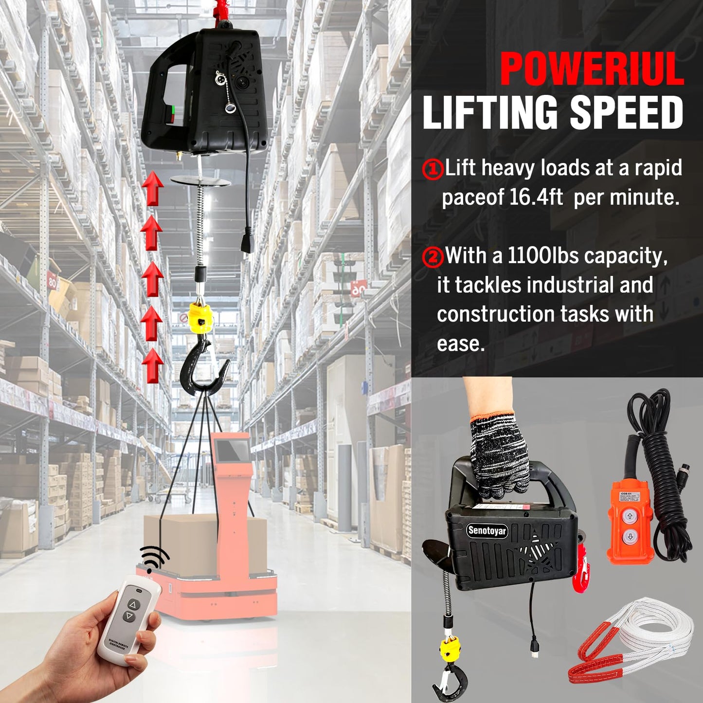 Electric Hoist Winch 3 in 1,1100lbs Electric Hoist 110 Volt 1500W Portable Electric Winch with Remote Control/Manual/Cable,Chain Hoist Overload Protection 25ft Lifting Height for Towing&Copper Motor
