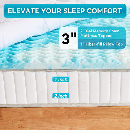 Erdoru Pillow Top 3 Inch Memory Foam Mattress Topper Full, 2 Inch Cooling 5-Zone Gel Memory Foam Plus 1 Inch Down Alternative Pillow Top Mattress Topper, Support for Back Pain