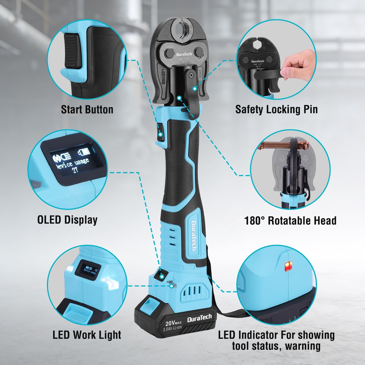 DURATECH 20V Brushless Copper Pipe Crimping Tool, 24KN Electric Press Tool with 1/2", 3/4", 1" VUS Jaws, LED Display, Work Light, 180° Rotating Head, Cordless Battery Crimper for Plumbing