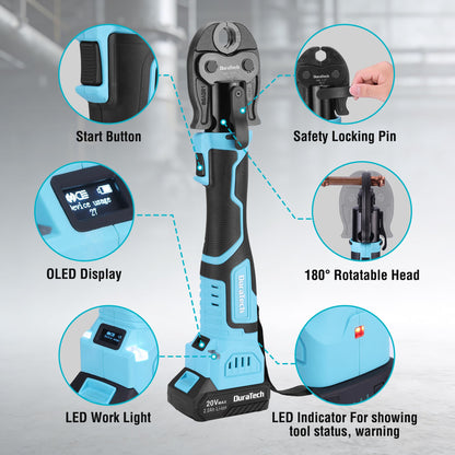 DURATECH 20V Brushless Copper Pipe Crimping Tool, 24KN Electric Press Tool with 1/2", 3/4", 1" VUS Jaws, LED Display, Work Light, 180° Rotating Head, Cordless Battery Crimper for Plumbing
