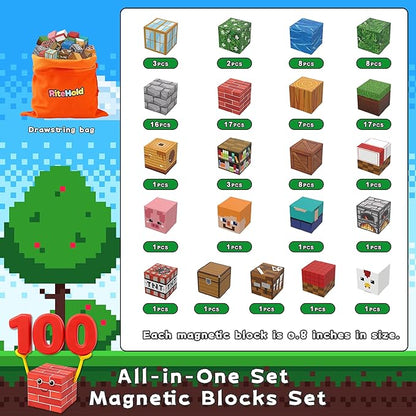 Magnetic Blocks 100 Pcs Building Cubes Game Build Forest World Set Stem Sensory Montessori Kids Toys for Toddlers Boys Girls Ages 3+ Stacking Magnets Tiles for Christmas Birthday Gifts