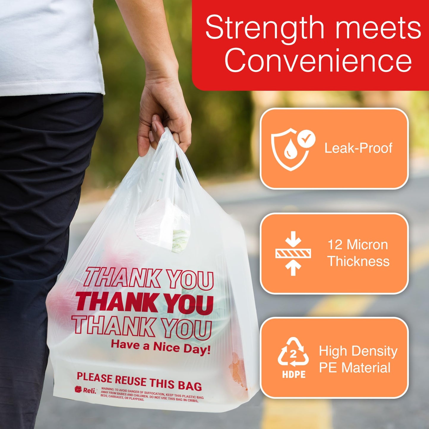Reli. Plastic Bags Thank You (1050 Count) | White Grocery Bags with Handles | Shopping (Plastic)