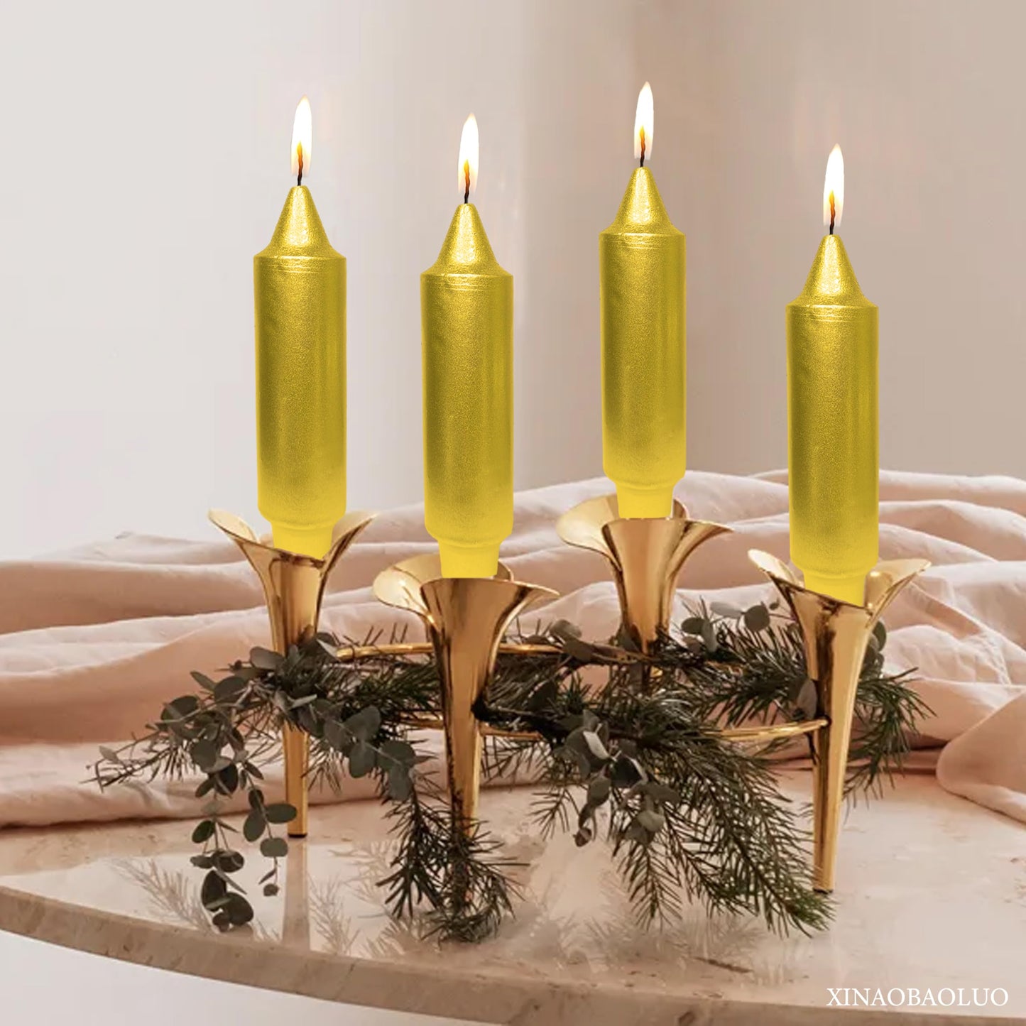 Christmas Metallic Gold Candle 5 Inch Short Smokeless Taper Candles 4 Pack Unscented Dinner Candle for Christmas Dinner