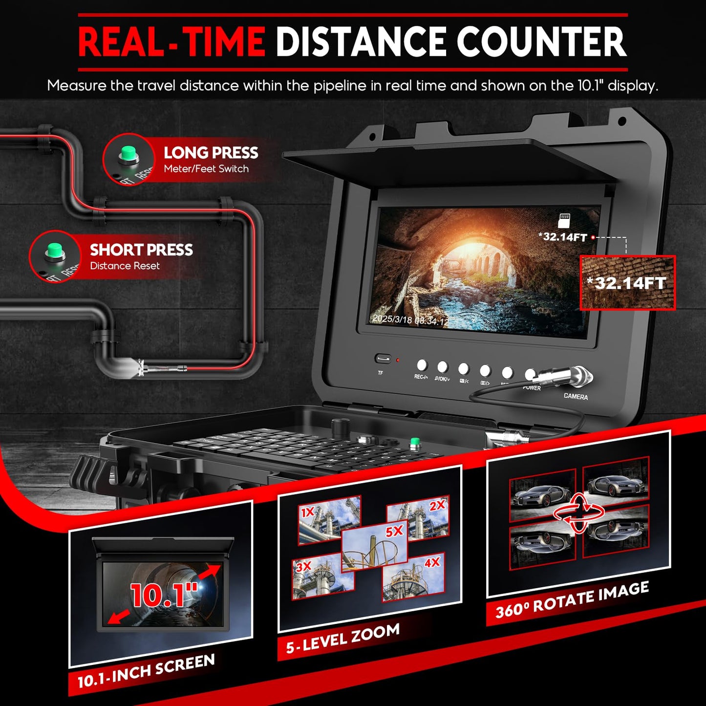 Sewer Camera with 512Hz Transmitter 100ft, 7mm Cable Self Leveling Drain Cameras with Distance Counter, Plumbing Camera Snake with Light, 10.1'' Pipe Borescope Inspection Cam w/DVR (Keyboard Input)