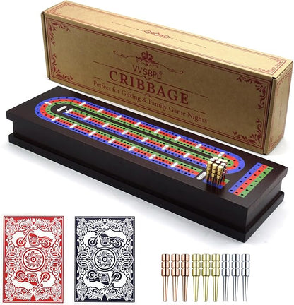 Wooden Cribbage Board Game Set with Metal Pegs and 2 Decks of Playing Cards Travel Cribbage Board with Card Storage Magnetic Lock Classic Continuous 3 Track Cribbage Set for Family