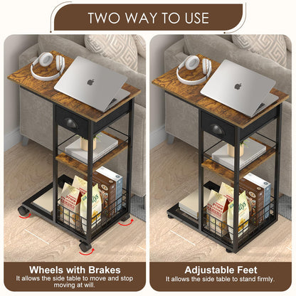 Vintage C Shaped End Table with Storage Basket, Tiltable & Large Tabletop Side Table with Drawer, Bedside Table with Wheels, Rolling C Table for Living Room, Bedroom, Bedside, Rustic Brown and Black