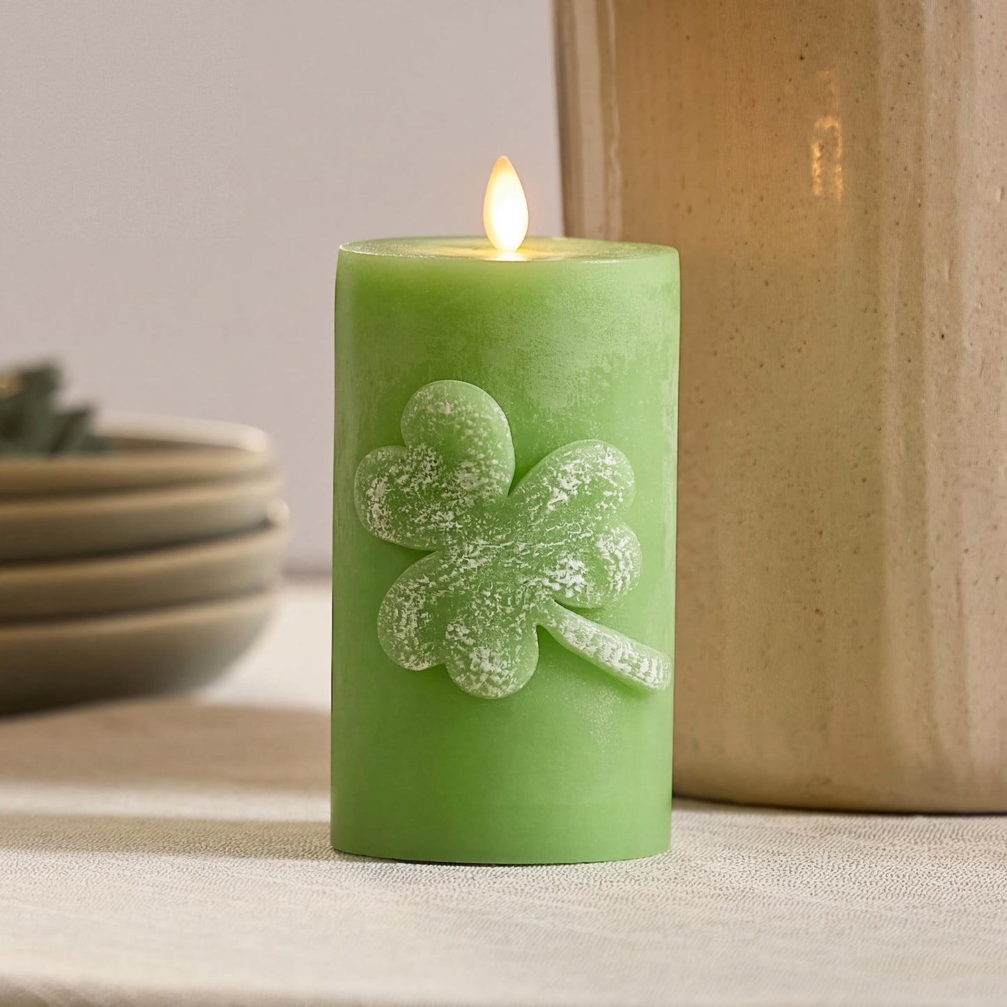 Luminara Lucky Green Shamrock Pillar Candle - Flickering Real-Flame Technology - Flameless LED - Remote Ready - St. Patrick's Day - 3.4" x 6.5"