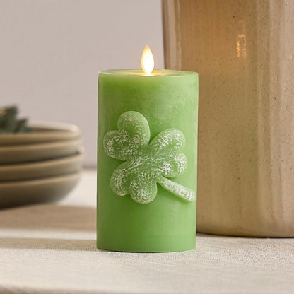 Luminara Lucky Green Shamrock Pillar Candle - Flickering Real-Flame Technology - Flameless LED - Remote Ready - St. Patrick's Day - 3.4" x 6.5"