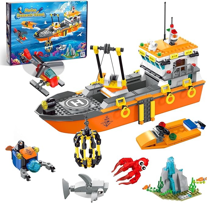 City Ocean Explorer Ship Building Set Exploration Boat Set Toy Building Block with LED Lights Helicopter Submarine and Shark Cage Birthday Gifts for 6 8 10 12 Years Old Boys Kids Girls