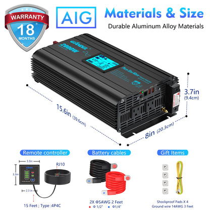 2000 Watt Pure Sine Wave Power Inverter 2000W 12V DC to 120 V AC Lithium Battery Compatible for RVs Off Grid Solar Boat Camper Starlinks System with 20Amps Hardwire Block and USB-C PD30W by GIANDEL
