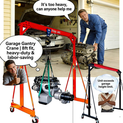 Adjustable Gantry Crane with Trolley and Hoist 2000 LBS, Overall Height Adjustable 7.65~10.91 FT, Shop Crane 1T Garage Crane with Rigging Kit with Rigging Kit