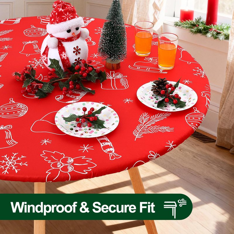 Smiry Round Spandex Tablecloth, Elastic Fitted Washable Tablecloths for 45"-56" Tables, Waterpoof Stretch Picnic Table Cover for Dining, Indoor and Outdoor, Holly Berry & Gift