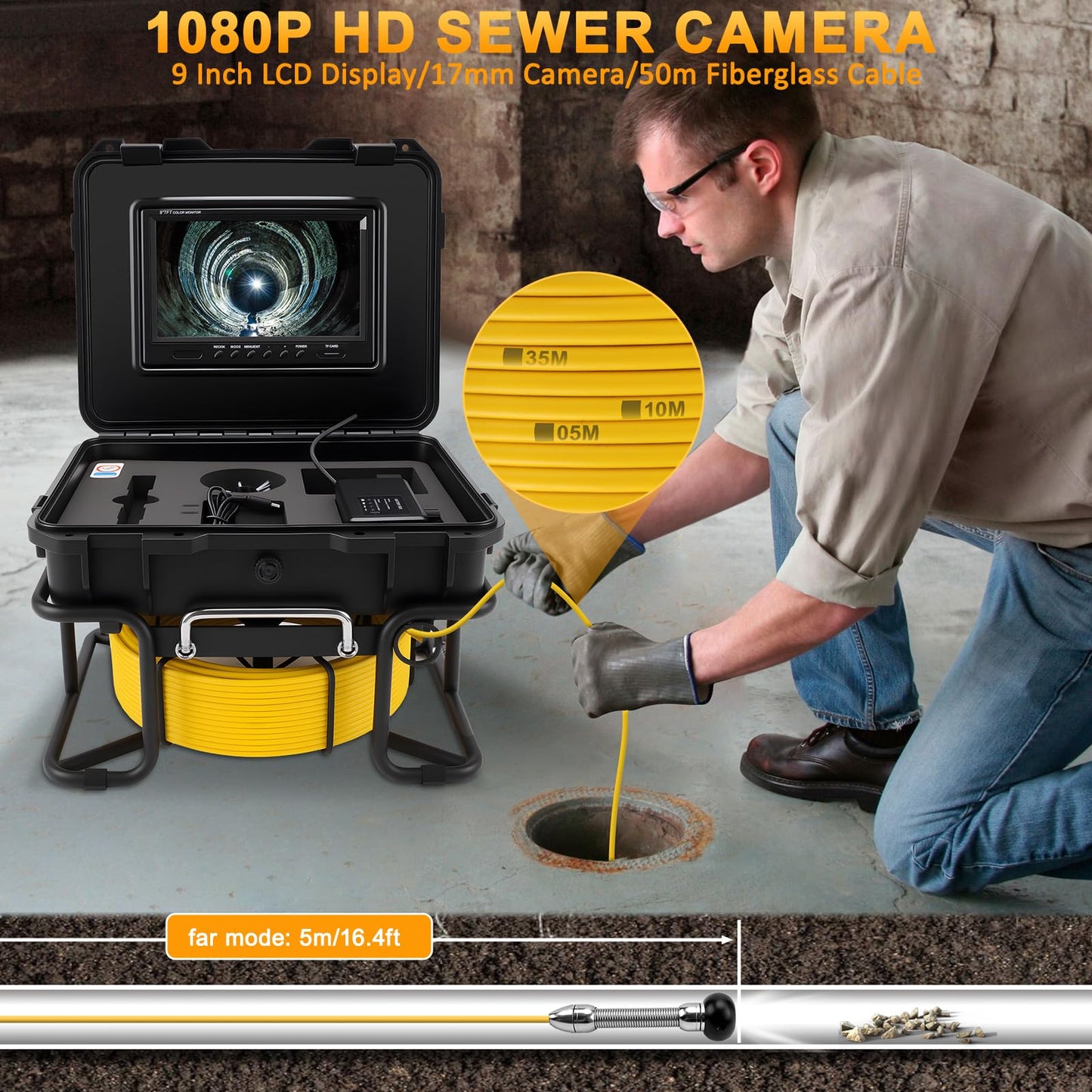 Sewer Inspection Camera, Pipe Drain Camera w/Distance Counter, Plumbing Snake Camera with light, 9'' HD IPS Screen,16X Digital Zoom,32GB Card,165FT/50M,IP68 Waterproof Borescope for Industrial Plumber