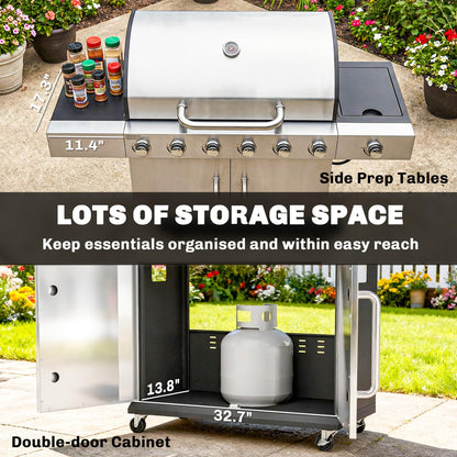 Outsunny 6 Burner Propane Gas Grill with Side Burner, 63,000 BTU Stainless Steel Barbecue Grill with Cast Iron Grates, Wheels, Warming Rack, Side Tables, Cabinet for Outdoor Kitchen, Backyard Barbecue