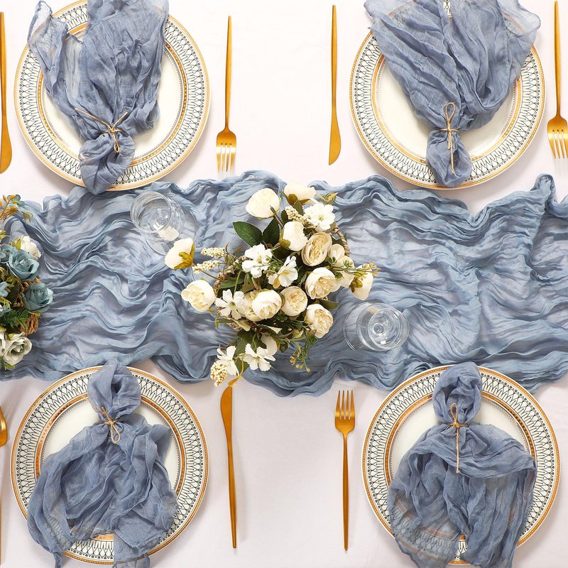 Windkream 2 Cheesecloth Table Runners and 24 Napkins Set, 10Ft Boho Cheese Cloth Table Runners 20 x 20 Inch Rustic Wrinkled Gauze Napkins for Wedding Birthday Baby Shower Party Decor (Dusty Blue)