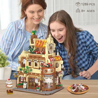 City Bakery Cafe House Building Set with Light 1289 PCS Baking Shop Building Block Toy with Coffee Cake Bread Bakery Room Pastry Construction Model for Adults Teens Kids Boys Girls Ages 8-12+