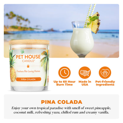Pet House Candles, Long Lasting, Air Freshening, Pina Colada Scented Candle for Pet Odor, 60 Hour Burn Time 9 OZ