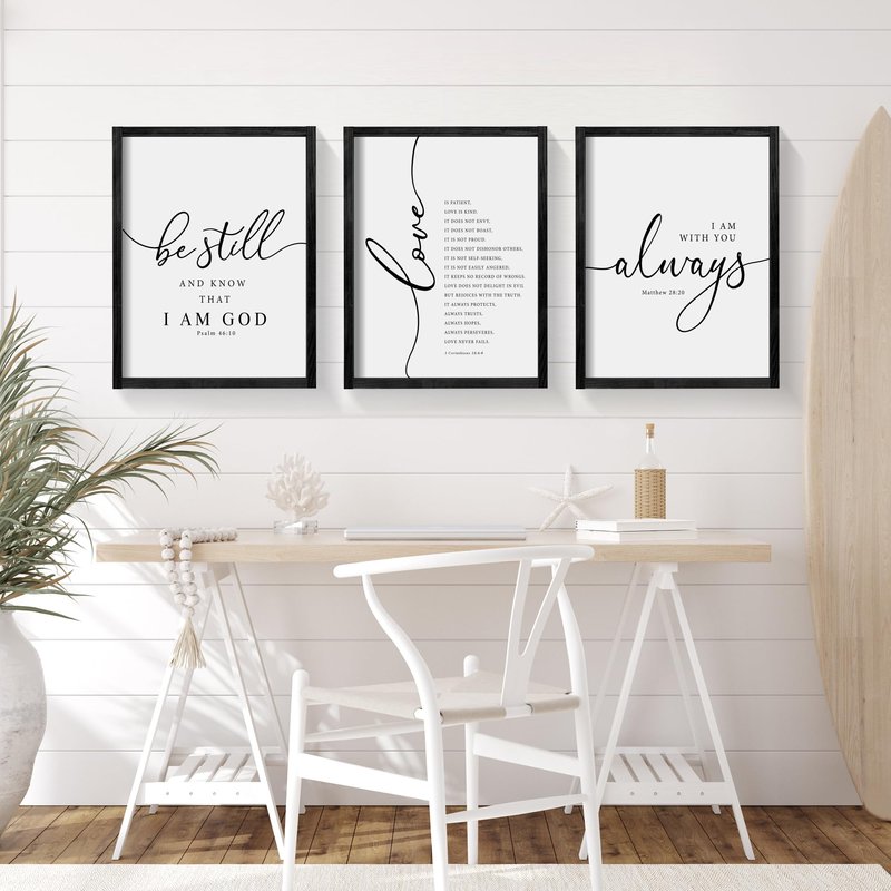 Heiple Framed Be Still and Know that I am God Sign Love is Patient Love is Kind Wall Art Set of 3 Prints for Home Bedroom Decor Above Bed Bible Verse Scripture Art Christian Religious Wall Decor (Black, 16"x24")