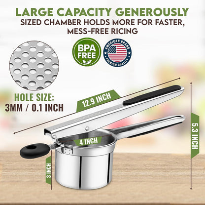 Skiennix 15oz Potato Ricer - Heavy Duty Stainless Steel Masher with 3 Discs | Non-Slip Baby Food Squeezer