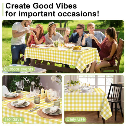 QIKSION Yellow Gingham Tablecloth Disposable 6 Pack, 54 x 108 Inch Yellow and White Checkered Table Cloth for Easter Decorations, Birthday Party Supplies, Rectangle, Plastic Table Cover