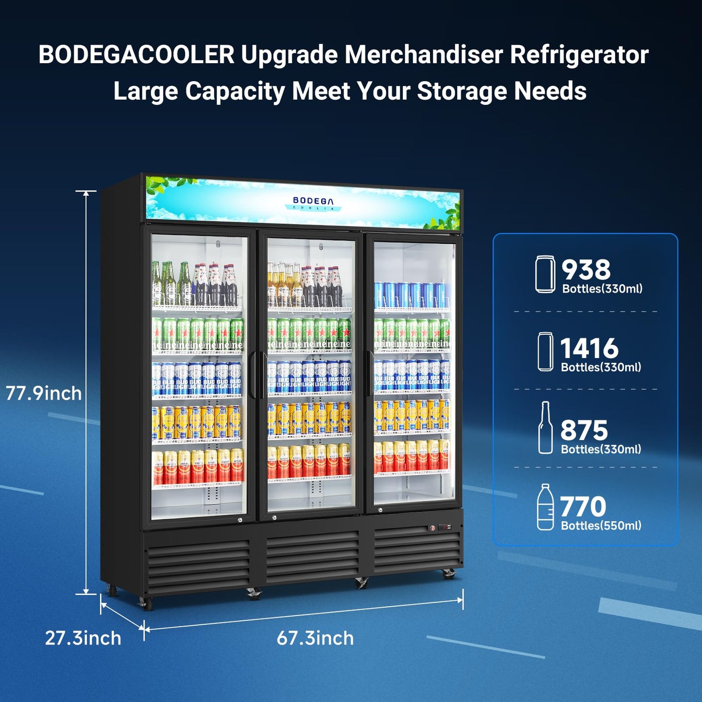 BODEGACOOLER Commercial Merchandiser Refrigerator,3 Glass Door Commercial Beverage Refrigerator, Beverage Display Cooler with Soft LED Light, Adjustable Shelves and 8 Strong Castors, 53 Cu. Ft,Black
