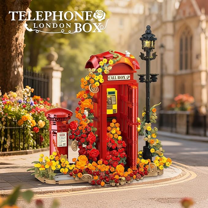 Red London Telephone Box Building Blocks Set for AdultsIdeas Flowers Phone Booth Mailbox and streetlightsCreative Gift Home Office Retro Decor