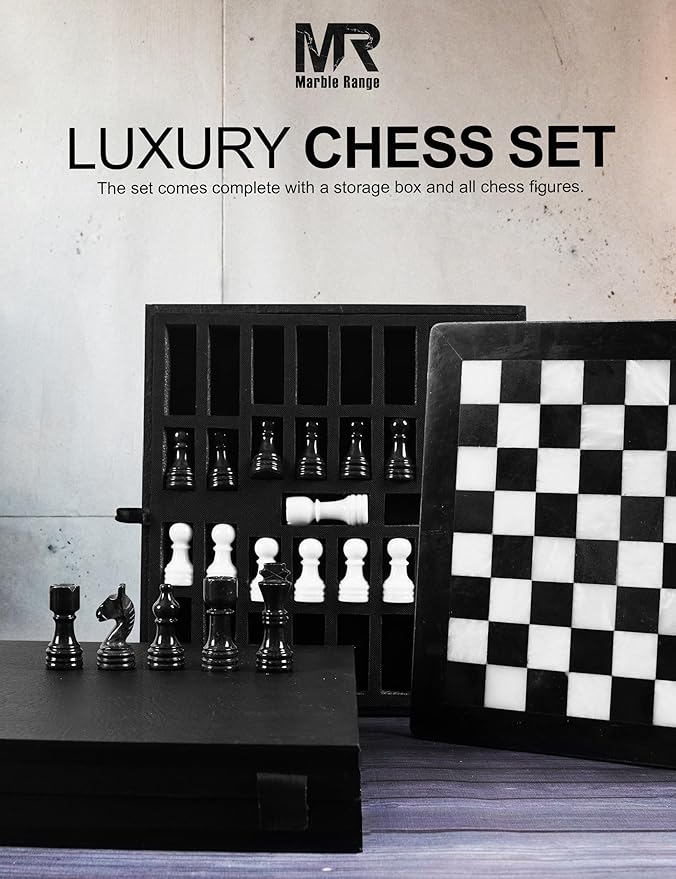 Marble Chess Set for Adults 12 Handmade Black &amp White Board Game with 32 Chess Pieces 2 Extra Queens &amp Storage Box Luxury Travel Game Elegant for Home Decor