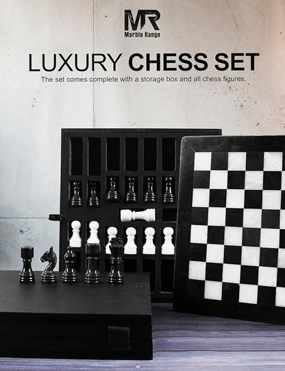 Marble Chess Set for Adults 12 Handmade Black &amp White Board Game with 32 Chess Pieces 2 Extra Queens &amp Storage Box Luxury Travel Game Elegant for Home Decor