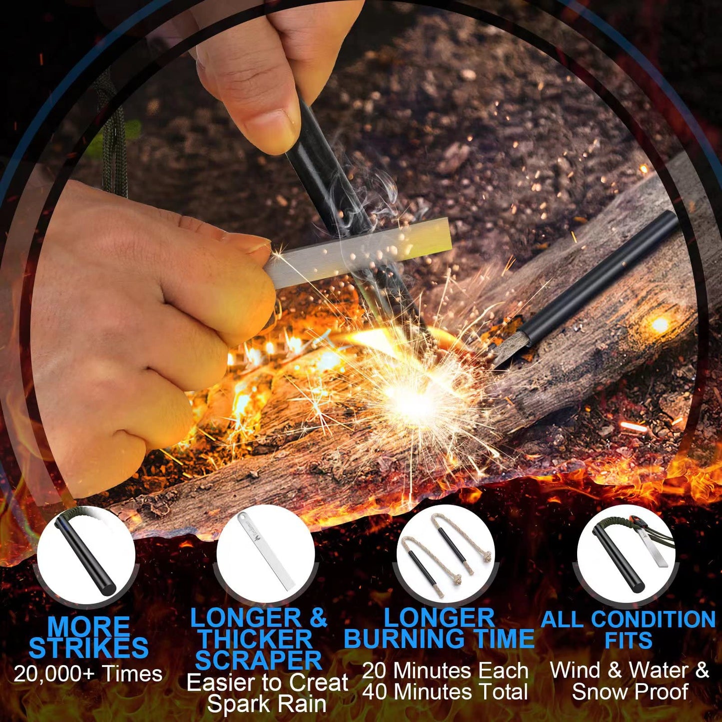 Ferro Rod Fire Starter Kit – 5" Flint and Steel with Two Waxed Tinder Cord & Paracord for Camping, Hiking, Outdoor Survival, Emergency Preparedness