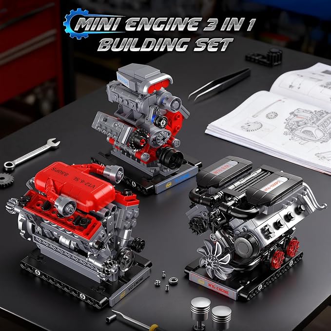 JMBricklayer 3-in-1 Mini Engine Model Car Kits that Runs V8 V12 W16 Engine Kits for Adults &amp Teens Physical Science Experiment STEM Toy Collectible Engineering Gifts for Car Lovers 840PCS