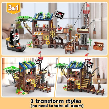 HOGOKIDS Pirate Ship House Building Set with LED Light - 3 Style Modes Pirate Wharf Supply Center Building Block Set 781PCS STEM Bricks Kit for Kids Girls Boys Ages 6-12+ Valentines Gifts
