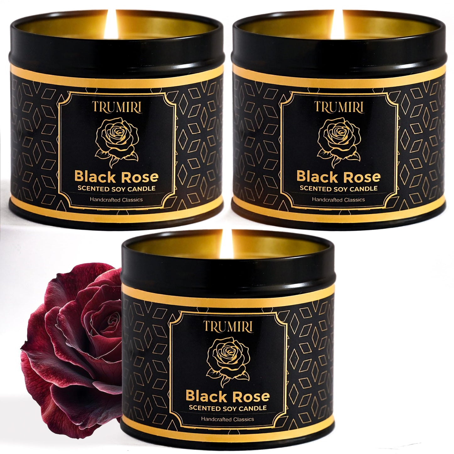 Black Rose Candle Strong Scented Soy Candel Clean Non Toxic Velas Aromáticas Gift for Women 5Oz Decorative Tin Jars with Lids Pack of 3