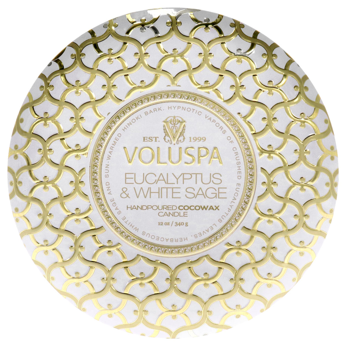 Voluspa Eucalyptus & White Sage, 3 Wick Tin Candle, 12 oz, 40 Hour Burn Time, Coconut Wax for Clean Burning, Handcrafted in the USA