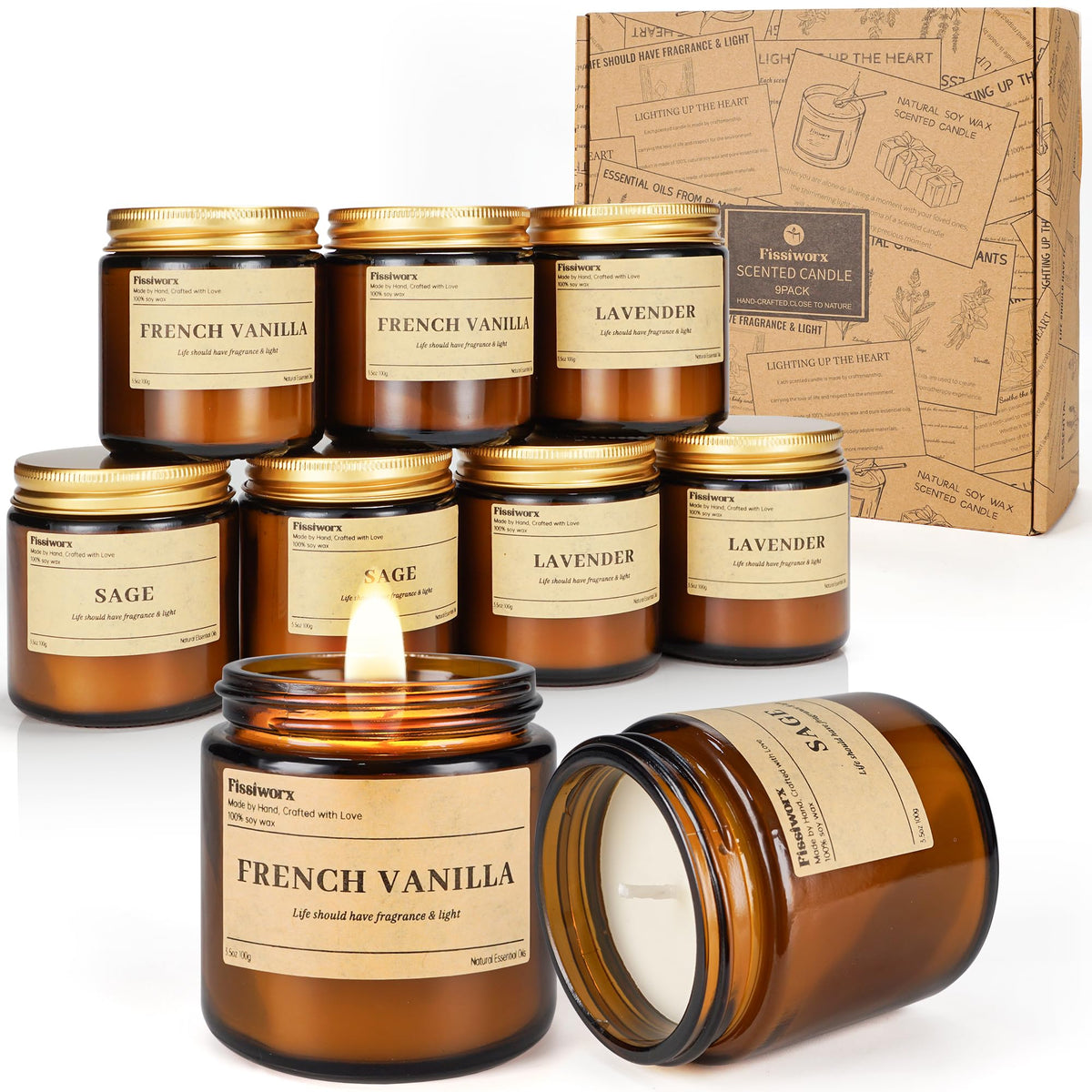 9 Pack Soy Candles for Home Scented |（Vanilla/Lavender/Sage） Long-Lasting 270 Hours, Natural Scented Candles Gift for Women & Men, Birthday, Mother’s Day, Christmas, Thanksgiving