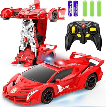 FDJ Transform Remote Control Car Robot One Button Deformation to Robot with Flashing Light 2.4Ghz 1:18 Scale Transforming Police Car Kids Toys with 360 Degree Rotating Drifting Toys for Boys Girls