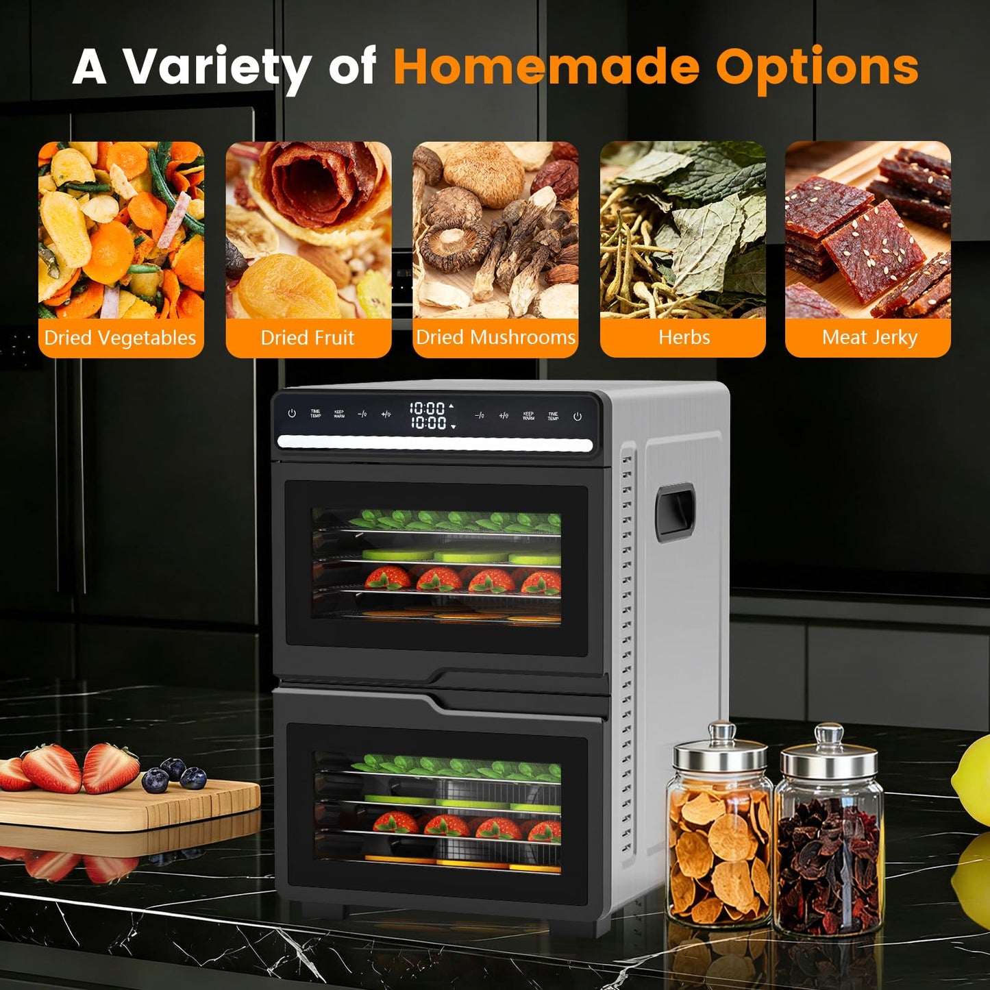 Dual Chamber Food Dehydrator, 12 Stainless Steel Trays, 1100W, Independent Temperature & Time Control for Two Chambers, Flavor Separation Perfect for Jerky, Fruit, Vegetables, Pet Treats
