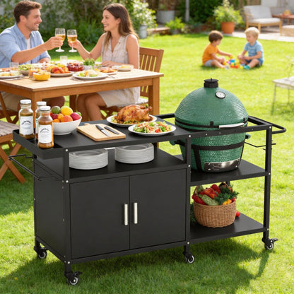 Mobile Grill Cart Compatible with Big Green Egg, Heavy Duty Metal Grill Table for Large/Medium Ceramic Charcoal Grills, Outdoor Kitchen Island Prep Station with Storage Cabinet, 6 Wheels