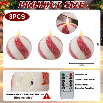 Set of 3 Christmas Sphere Candy Cane Flameless Candles, Glitter Red White Real Wax Flickering Ball Candles Battery Operated with Remote, Candy Cane Christmas Decorations, Xmas Party Centerpieces Decor