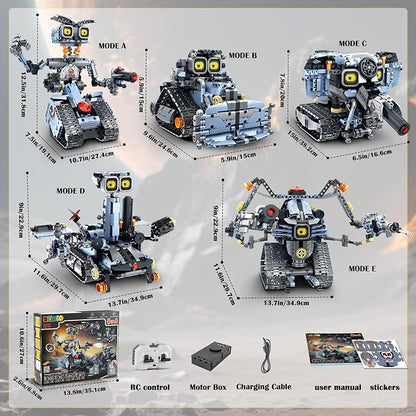 Changeable LED Eyes Robot Building Set- 5 in 1 Remote &amp App-Controlled Robotic Building Block RC Elephant/Bulldozer/Tank/Tracked Model Kit Toys Gift for Kids Boys Girls Teens Age 12+ Years Old