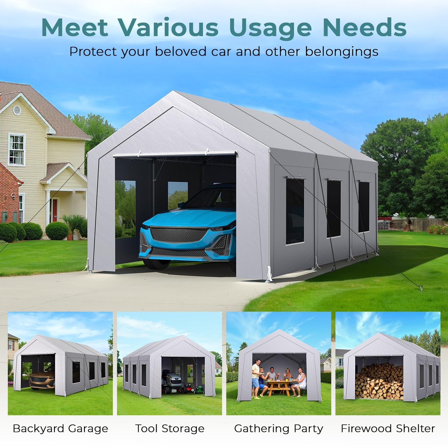 Carport 10x20 ft Heavy Duty, Car Port with Reinforced Steel Frame and 6 Roll-up Windows, Portable Garage with Sturdy Ground Nails, Waterproof All-Season Car Canopy for Boat, Truck, Grey
