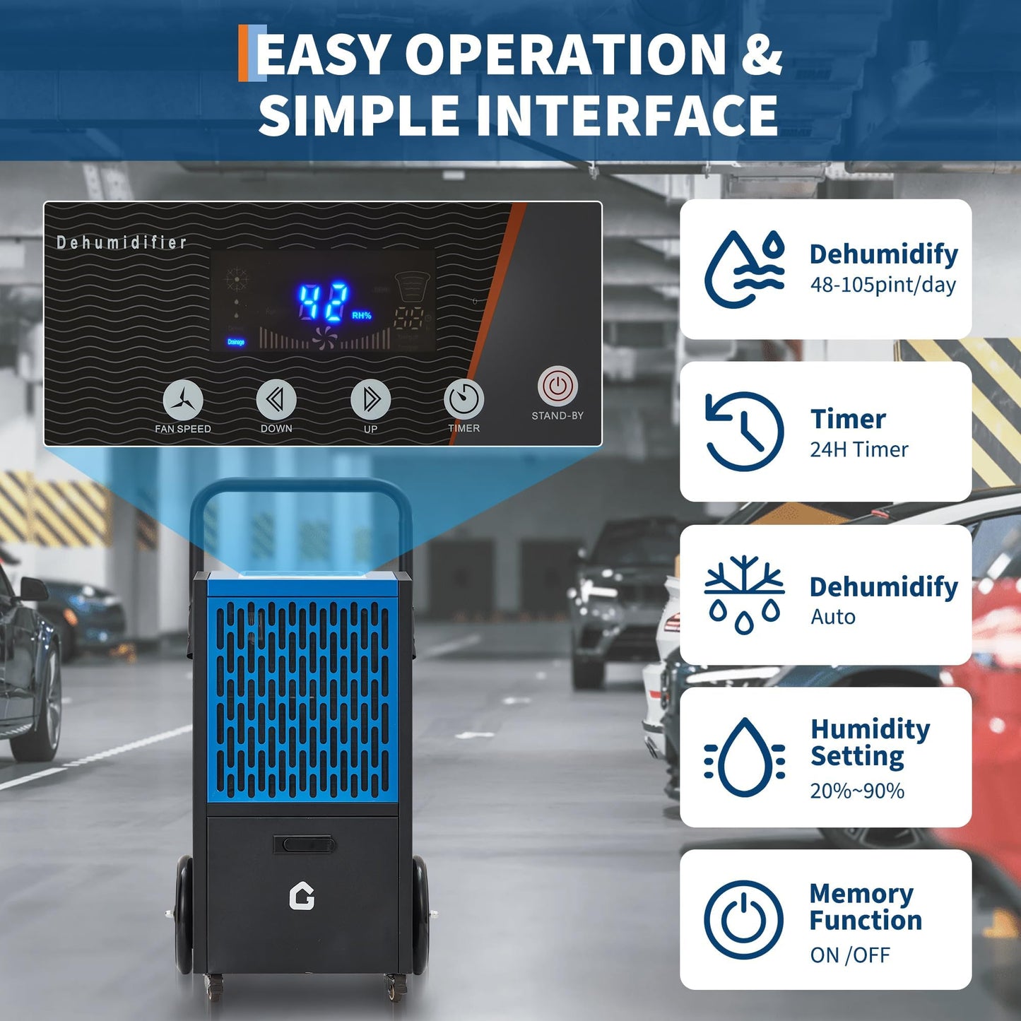 105 Pints Commercial Dehumidifier, Drain Hose, Timer, 4 Wheels, Large Capacity Dehumidifier for Basement, Ideal for Flood Repair, Warehouse, Factory, 110V/60Hz/520W, US Standard