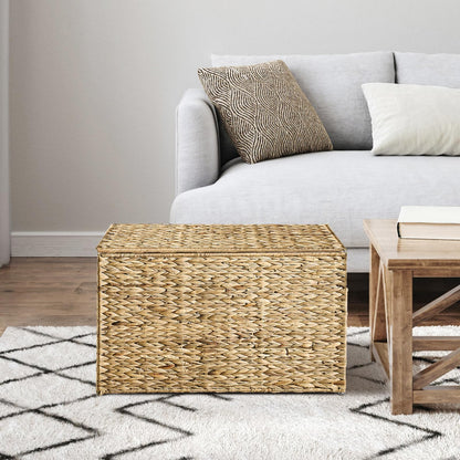 MOORLITER Water Hyacinth Storage Basket with Lid, 42.3 Gallon (160L) Wicker Storage Trunk with Handles, Handwoven Wicker Storage Bin for Blanket, Foldable, for Living Room, Laundry Room, Natural