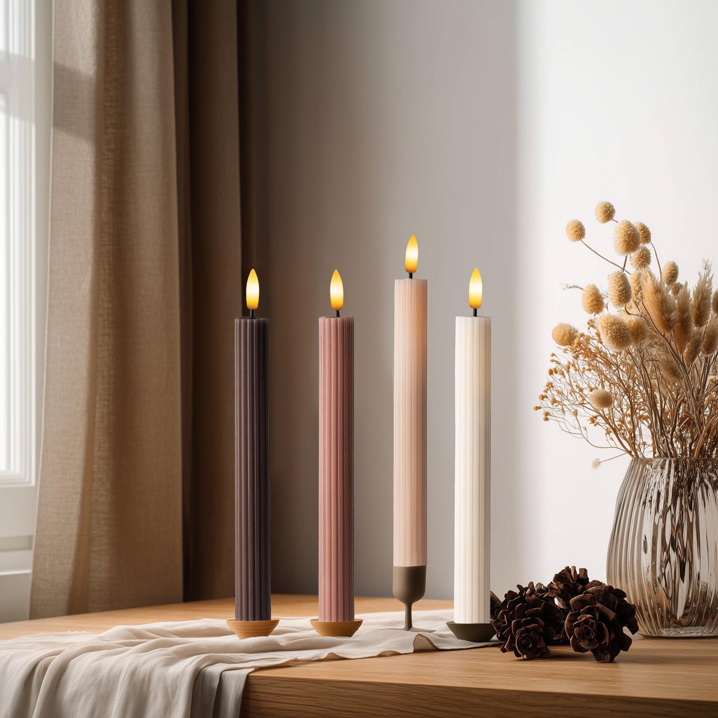 WYZworks Coordinated Chocolatey Mocha Brown 4 Pack, 10" Real Wax LED Flameless Fluted Ribbed Grooved Taper Candles, Remote & Timer Memory, On/Off Button, Dimmable, Battery Operated, Menorah Wedding