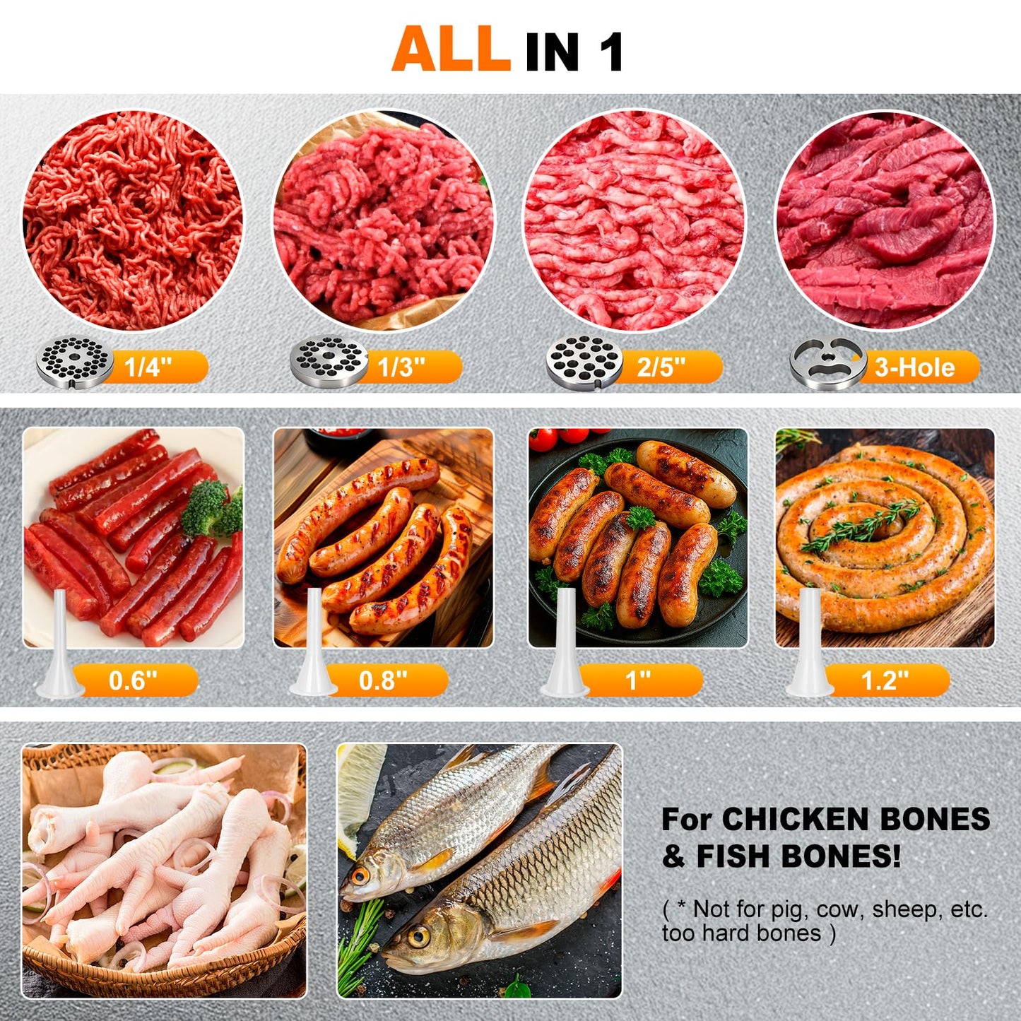 Anatole Commercial Electric Meat Grinder 1.3 HP 950 W Heavy Duty Meat Bones Mincer Stainless Steel Sausage Stuffer with 4 Grinding Plates 2 Blades for Restaurant Hotel 110V