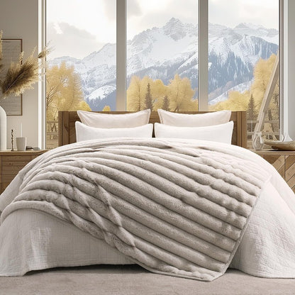 EverGrace Soft Luxury Faux Rabbit Fur Throw Blanket for Couch, Cozy Fluffy Channel Throw Blanket for Bed, Fuzzy Warm Thick Mink Blanket with Reversible Plush Velvet for Winter, Beige, 60"x80", 820GSM