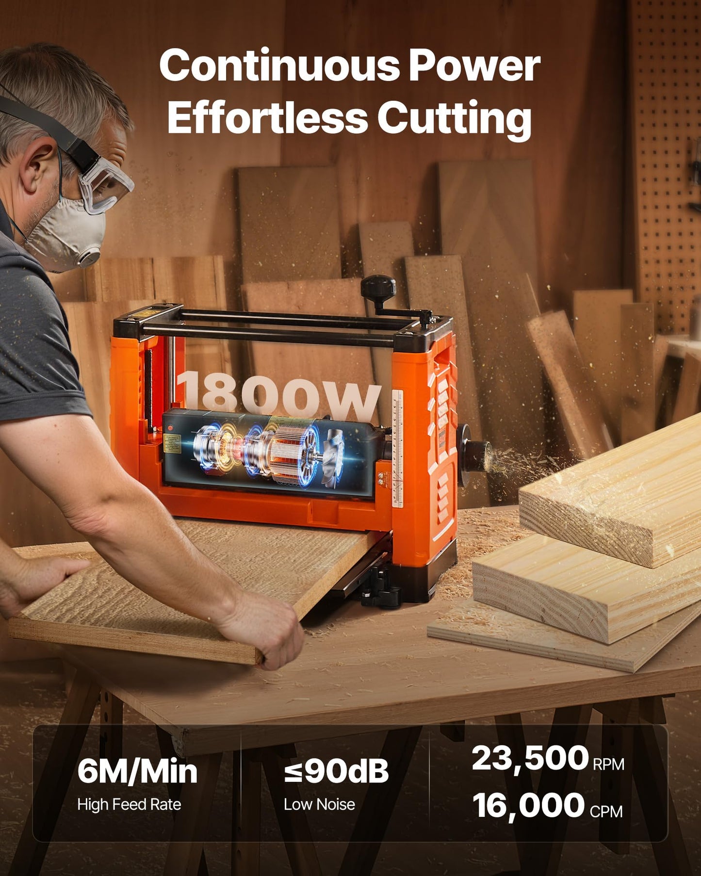 VEVOR Thickness Planer, Two-Blade, 13-Inch Width Worktable Power Benchtop Planer, 1800W 23500 RPM Powerful Motor, Dual Rollers, Over Protection, Single Speed Woodworking, for Hard & Soft Wood Material