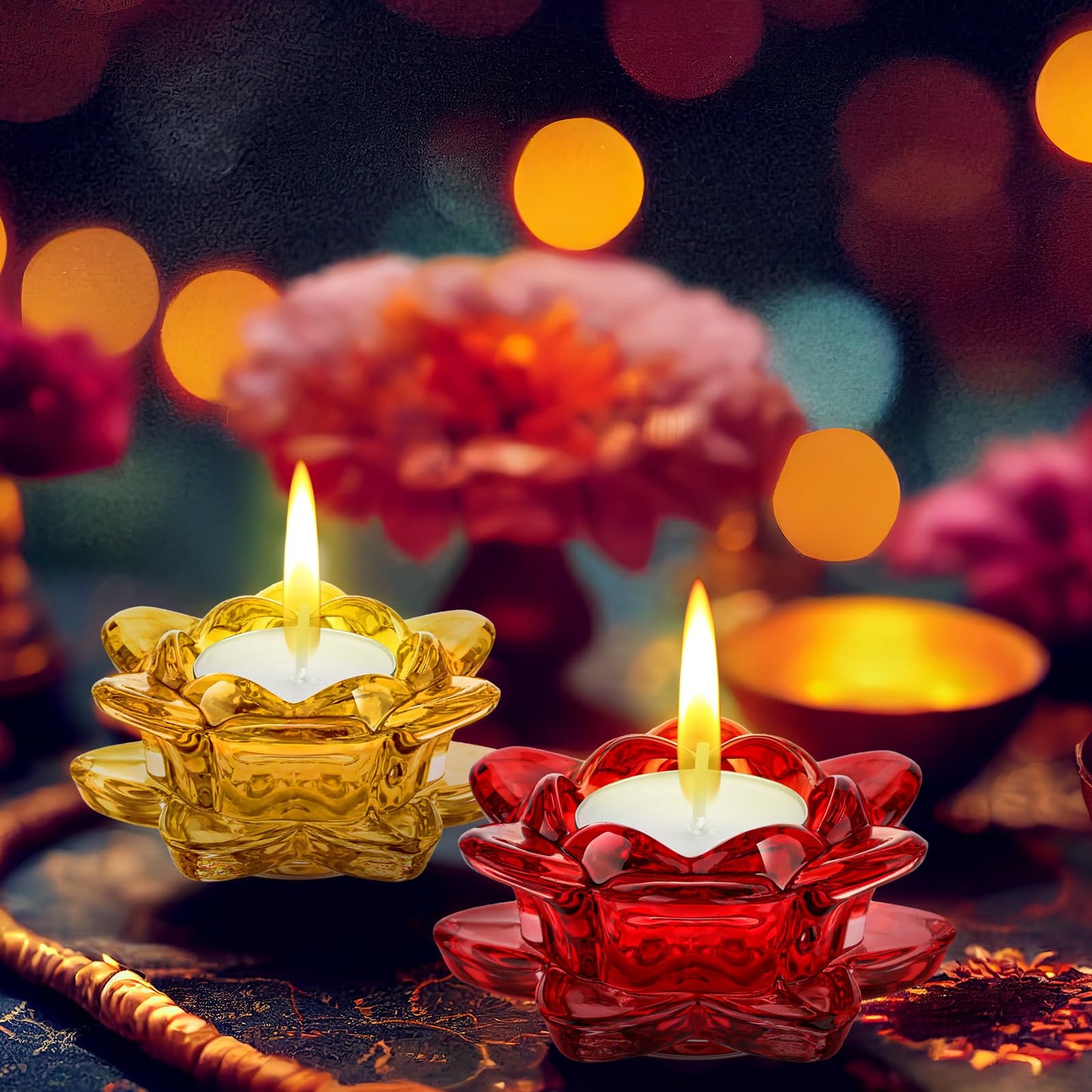 Dandat 6 Pcs Glass Lotus Tea Light Holder Diwali Lotus Candle Holder Crystal Tealight Candle Stand for Diwali Decor Table Centerpiece